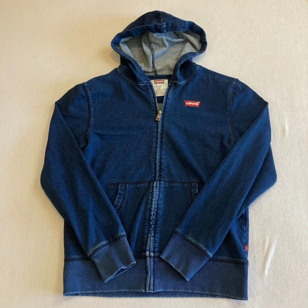 Levis Boys 12-13Y Large Indigo Blue Denim Look Full Zip Hoodie Sweatshirt